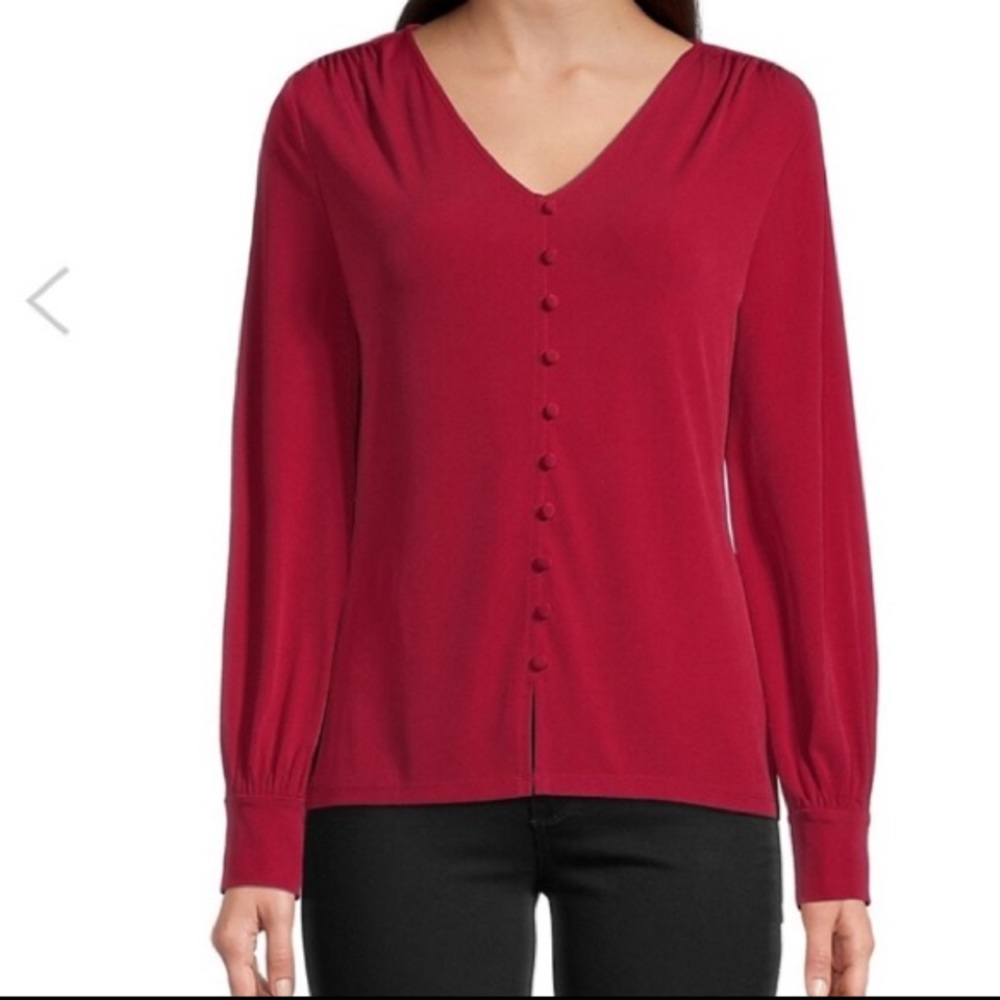 CALVIN KLEIN V-Neck Placket Buttons Deep Red/Burgundy Blouse Office Carrier Sz M